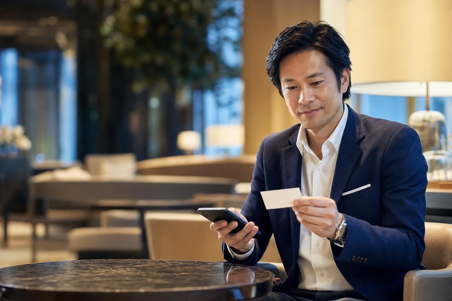 会食や交流会の後、ホテルラウンジで名刺を見ながら次の商談につなげるフォローを考える経営者・営業責任者