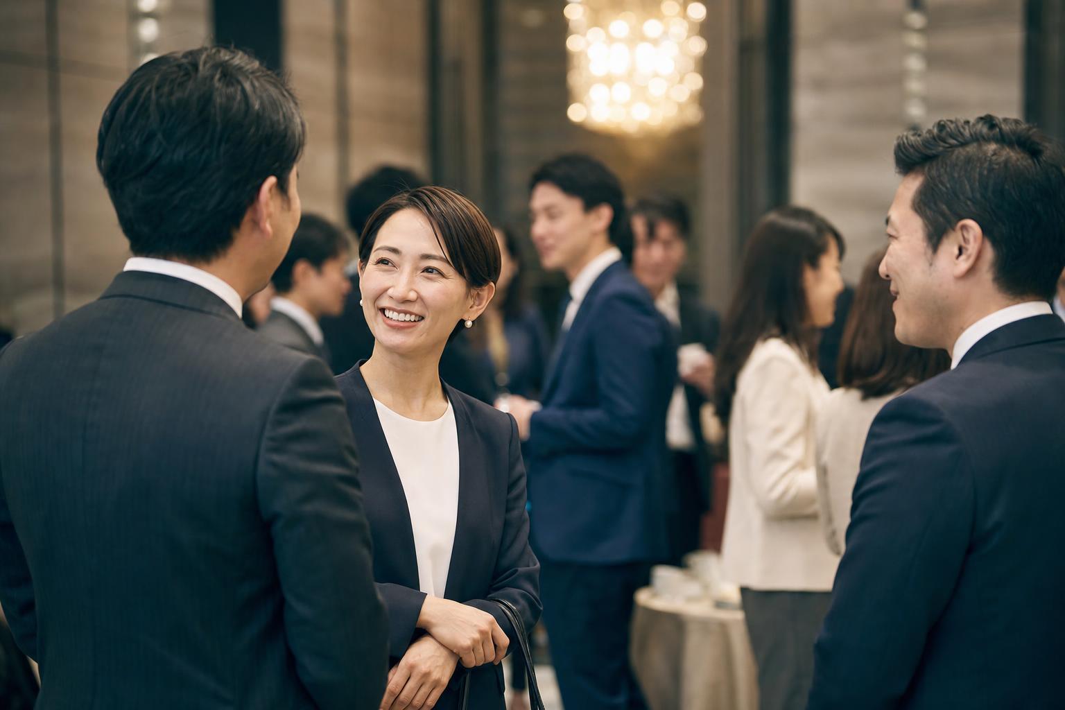 ビジネス交流会のあと、名刺交換を終えたビジネスパーソン