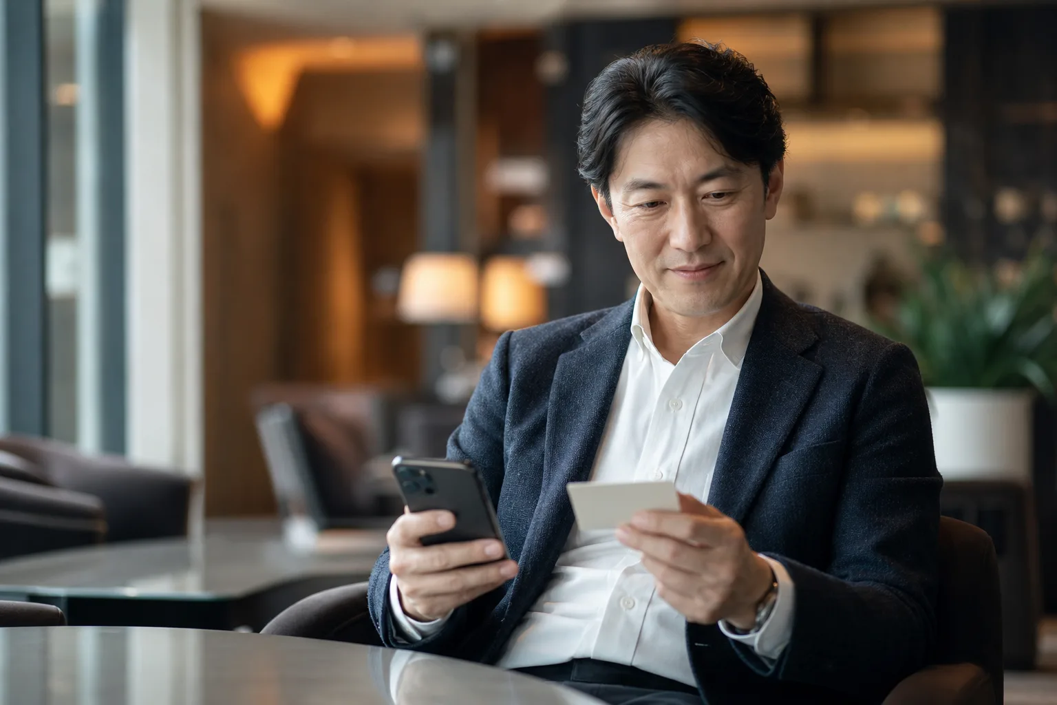 会食や交流会のあと、ホテルラウンジで名刺を見ながら次のフォローを考える経営者・営業責任者