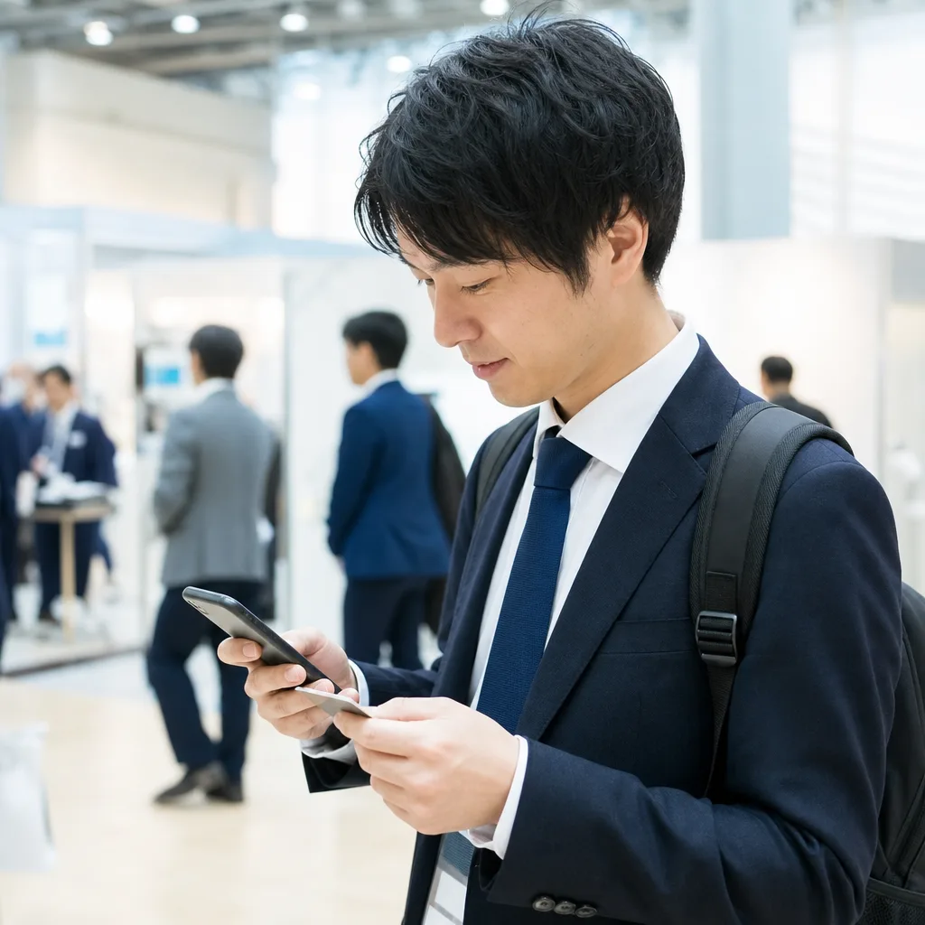 展示会・ビジネスイベント後に受け取った名刺を確認するビジネスパーソン