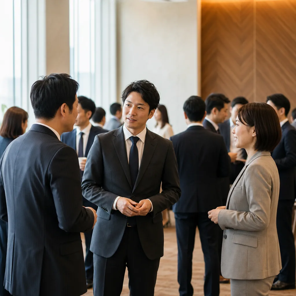 ビジネス交流会のあと、名刺交換を終えたビジネスパーソン