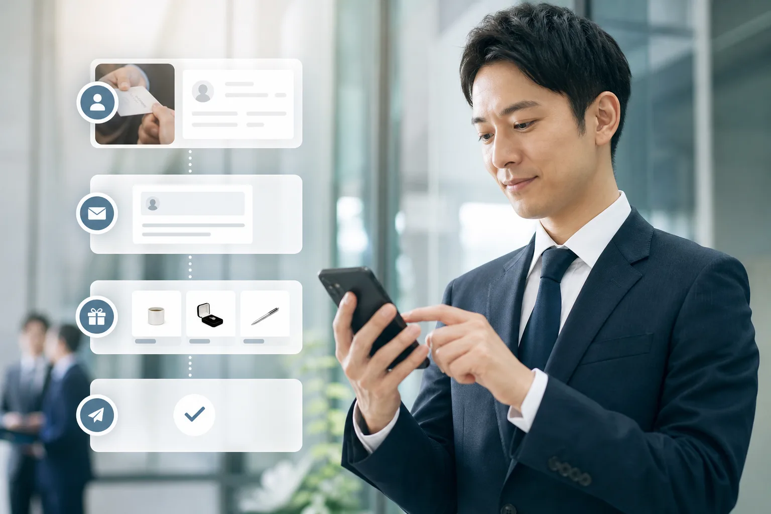スマートフォンで名刺交換後の相手情報整理・お礼メッセージ・ギフト提案を進めるビジネスパーソン
