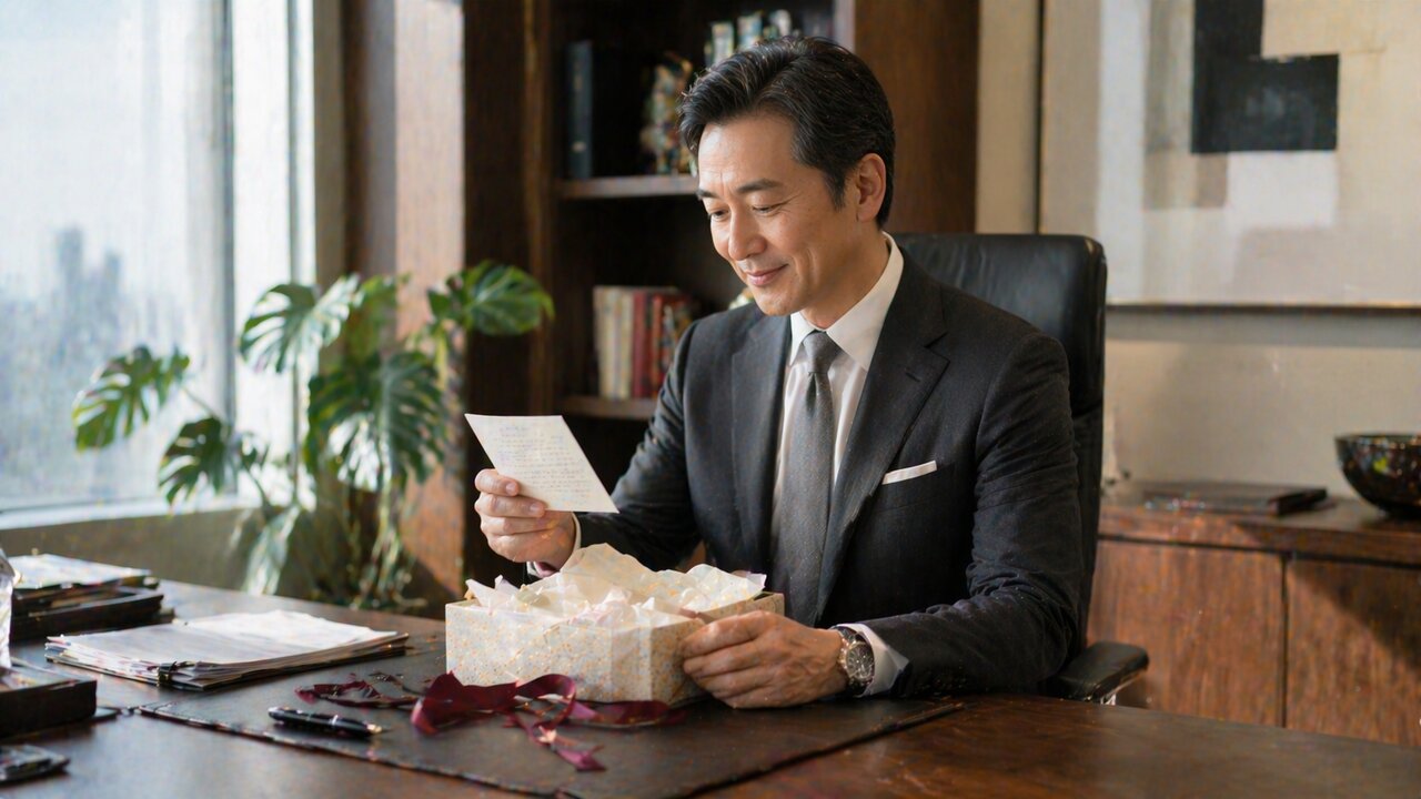 届いたギフトと手紙を読む経営者