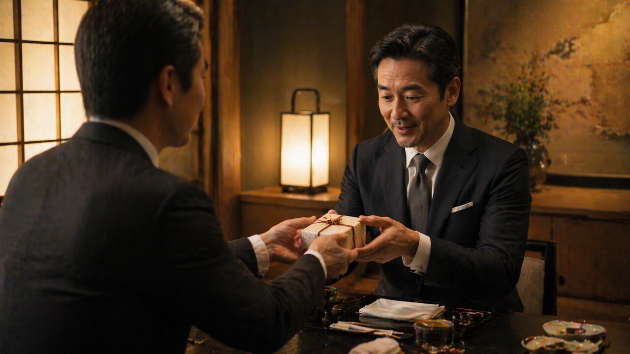 料亭でギフトを手渡すコンシェルジュ