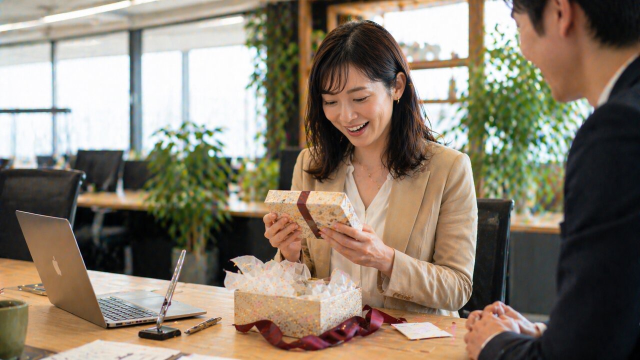 ギフトを開封して喜ぶ女性